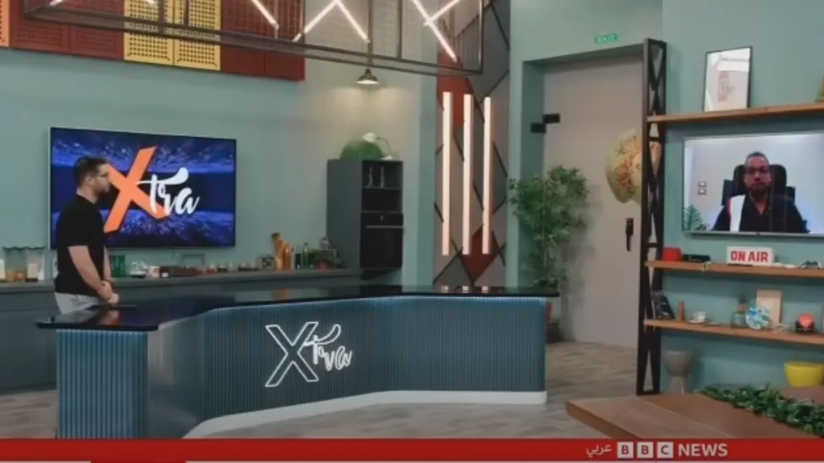 Albear Halim on the studio screen of Xtra on BBC News Arabic, during his interview
